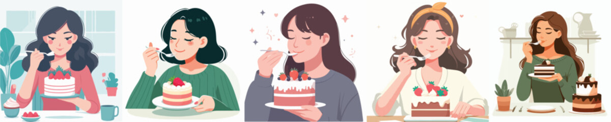 vector of girl eating cake