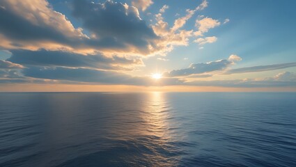 Sunlit Clouds Over Ocean With Ultra Smooth Horizon
