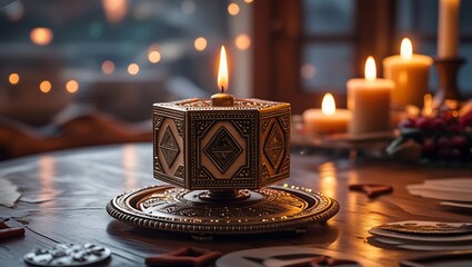 Spinning Dreidel with Lit Candle on Tabletop