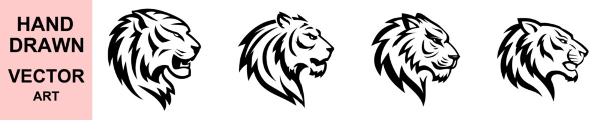 Set of hand drawn tiger vector heads in tribal black ink style, fierce wild animal illustration ideal for tattoos, logo design, prints, emblems.