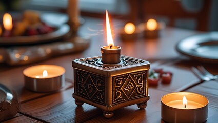 Spinning Dreidel with Lit Candle on Tabletop