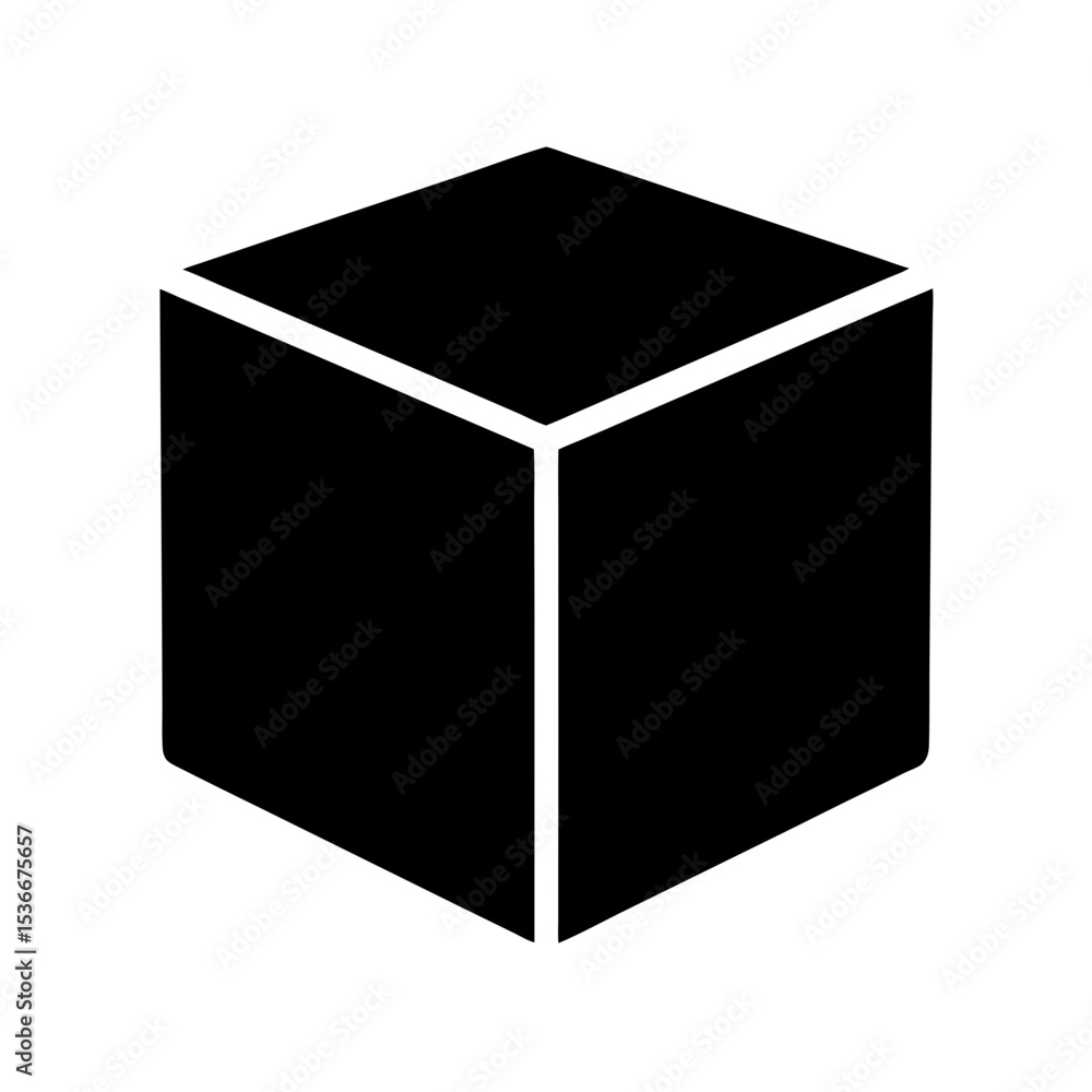 Poster a simple black cube, a solid shape in three dimensions, isolated