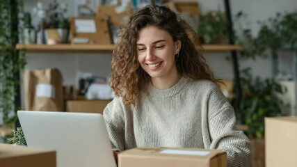 Young woman using laptop for selling online at home - Shipping, small business and lifestyle concept - Model by AI generative - Powered by Adobe