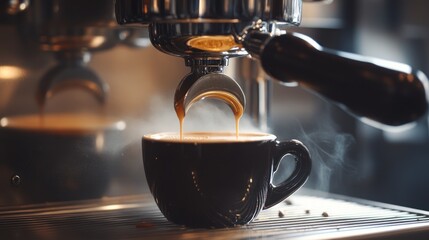 Freshly brewed espresso pouring into a dark cup.