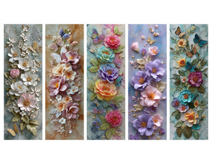 Beautiful bookmarks for book lovers, set of 5, decorative design, size of bookmarks 2x6 inch, illistration, love to read, Decorative Colorful Flowers and Butterflies on Marble Background