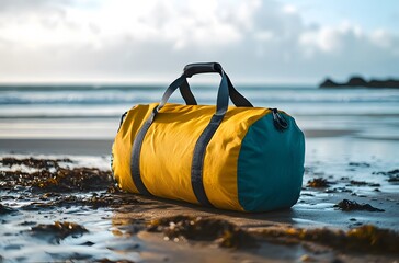 A travel bag and the calm nature of the sea represent the idea of ​​creating a pleasant environment by the sea for a little peace and tranquility in the summer heat.