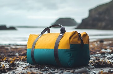 A travel bag and the calm nature of the sea represent the idea of ​​creating a pleasant environment by the sea for a little peace and tranquility in the summer heat.
