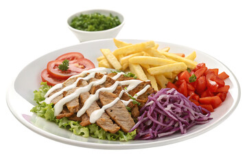 Delicious plated shawarma or doner kebab with french fries salad and creamy white sauce isolated on black