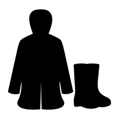 Black silhouette of hooded raincoat and rubber boot on white background