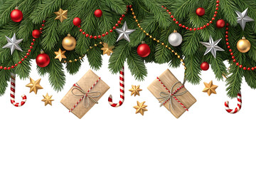 Festive christmas border with decorated fir branches presents ornaments and candy canes on black background