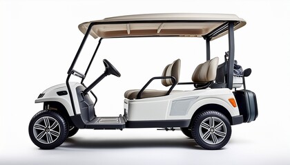 side view of a modern white golf cart isolated on a white background perfect for golf transportation and leisure concepts