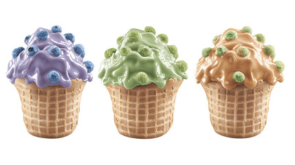 Three ice cream cones with different colored frosting and green spherical candies stand side by side