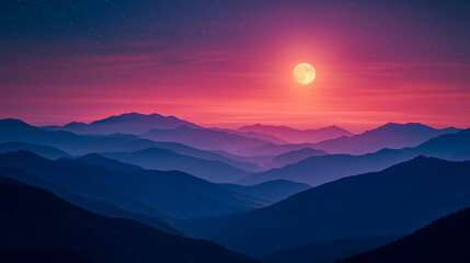 Fototapeta premium Scenic mountain landscape at twilight with a full moon and starry sky