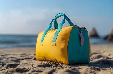 A travel bag and the calm nature of the sea represent the idea of ​​creating a pleasant environment by the sea for a little peace and tranquility in the summer heat.