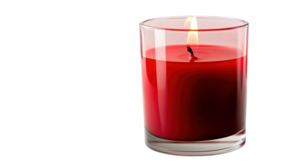 Elegant red candle in transparent glass container with burning flame for romantic ambiance and cozy atmosphere isolated on white background