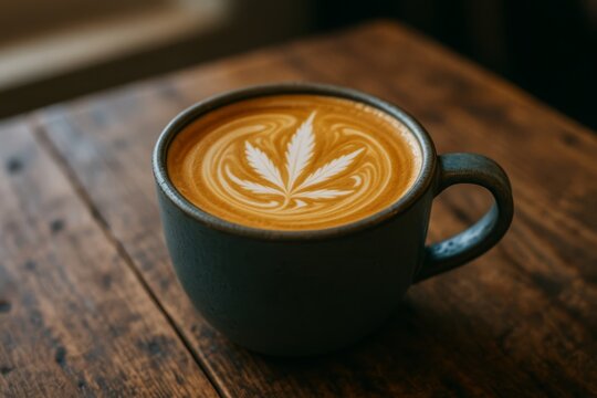 Creative latte art featuring a cannabis leaf design in a cozy cafe setting