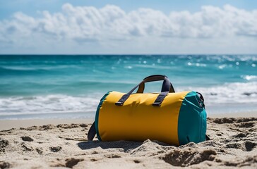 A travel bag and the calm nature of the sea represent the idea of ​​creating a pleasant environment by the sea for a little peace and tranquility in the summer heat.