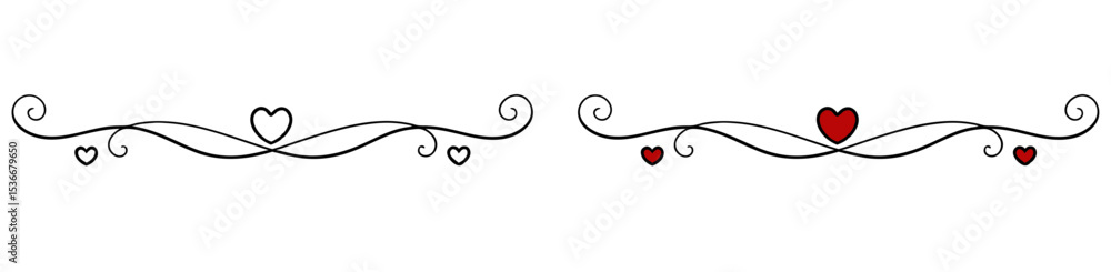 Poster decorative heart scroll elements in elegant monochrome design, isolated vector separator for text, f