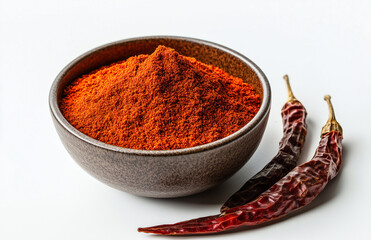 Photo of a bowl with red chili powder and dried peppers beside it, isolated on white background. Natural light highlights vibrant color and texture—perfect for showcasing cooking ingredients.
