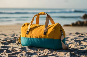 A travel bag and the calm nature of the sea represent the idea of ​​creating a pleasant environment by the sea for a little peace and tranquility in the summer heat.