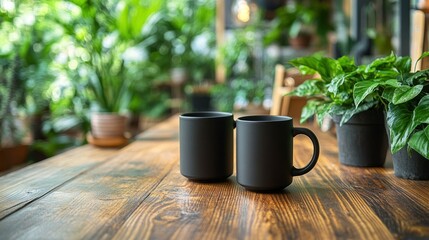 Two black mugs on a wooden table in a plant-filled cafe