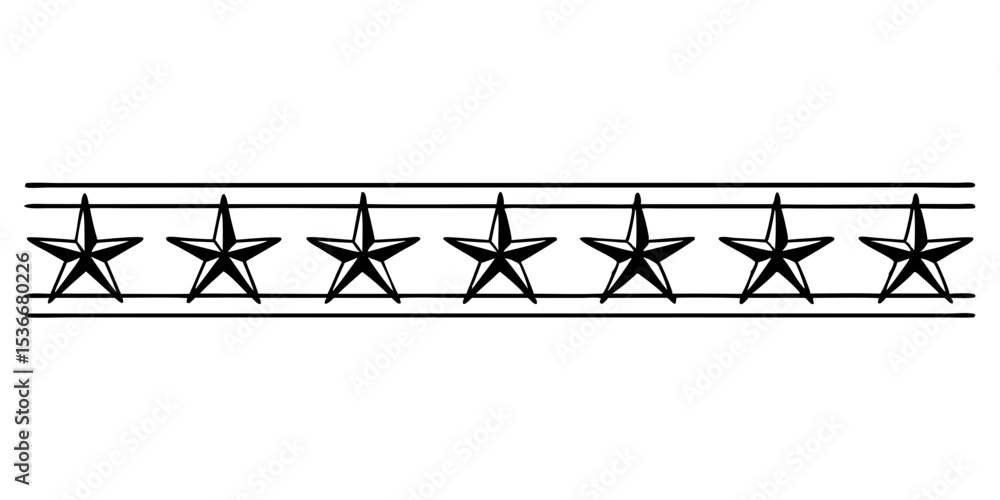 Poster repeating black star divider with lines for design elements, isolated vector separator for text, for