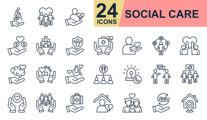 Social care Icons set vector illustration. Containing elderly care, community, donation, family support, volunteer and more. Simple line icons collection.