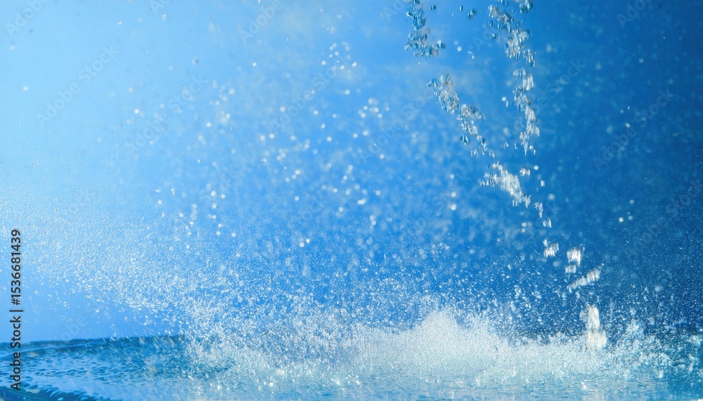 Poster clear blue water splash with dynamic bubbles and bokeh highlights for modern website background, print design, product branding, or digital interface

