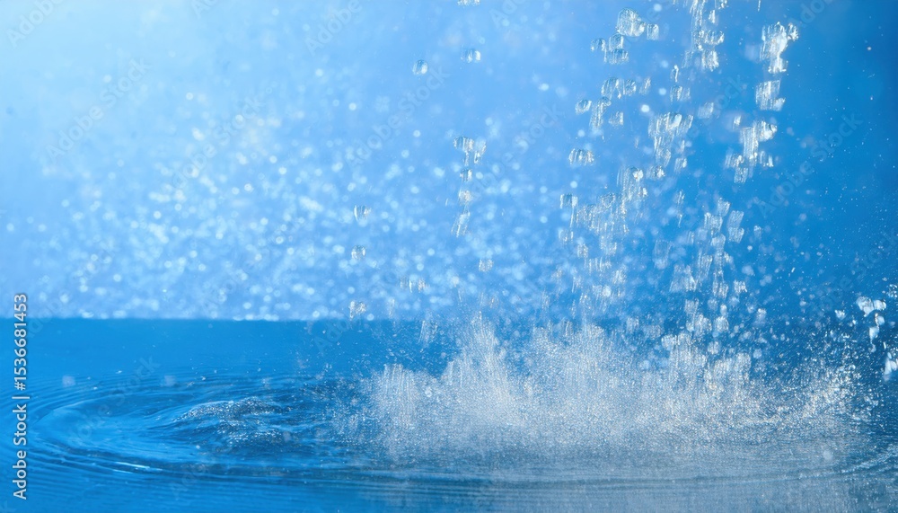 Poster clear blue water splash with dynamic bubbles and bokeh highlights for modern website background, pri