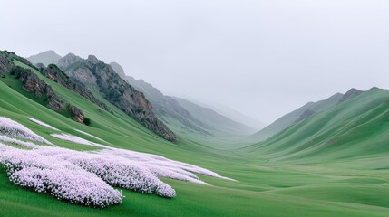 Rolling Green Hills and Wildflower Meadow in Mountain Valley