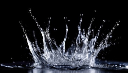 dramatic high speed splash of crystal clear water on black background for minimalist web design, abstract print, luxury branding, or tech interface visual

