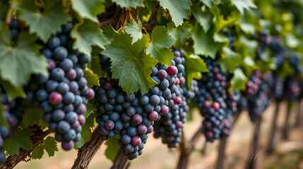 Fototapeta premium Close-up of a row of grapevines with ripe, purple grapes ready for harvest, showcasing the fruitfulness of viticulture.
