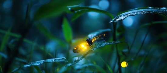 A luminous firefly rests on a dewy leaf in a mystical forest.