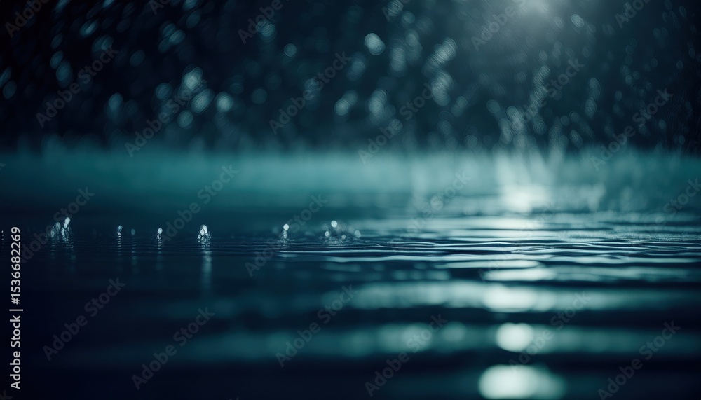 Poster abstract close-up of falling rain on reflective surface with dreamy bokeh lights in deep teal tones for atmospheric web design, print, or branding backdrop

