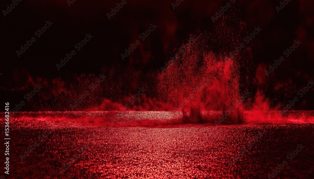 Poster vivid red light particles in motion forming abstract digital rain over a glowing textured surface, i