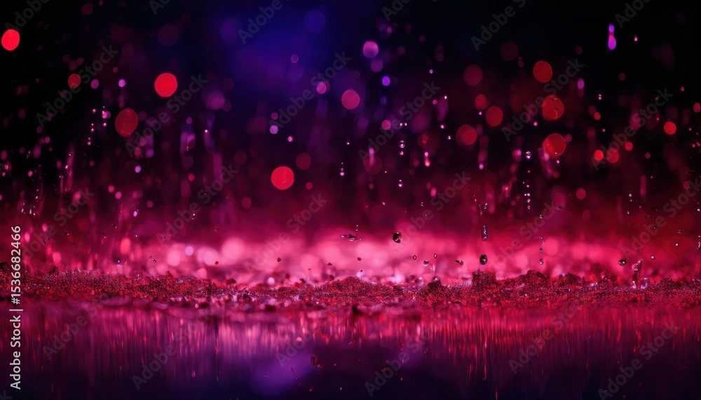 Poster vibrant magenta water splash over shimmering red surface with glowing bokeh and suspended droplets, 