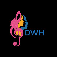 DWH Creative Feminine Music Logo, with Treble Clef and Colorful Female Silhouettes,  DWH Later Logo &ndash; Beauty and Art Concept.
