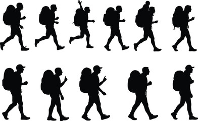 Silhouette vector of hikers walking with backpacks, trekking outdoor adventure poses, hiking group illustration, backpackers journey, active lifestyle design