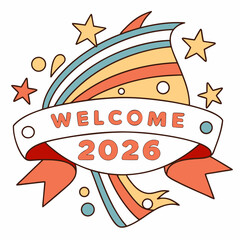 Welcome 2026 retro design element, transparent background
