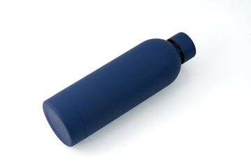 Top view of a blank cobalt blue stainless steel bottle lying on a white background, perfect for mock-up display; A deep, saturated blue, resembling navy or dark shade of blue stainless steel bottle