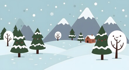 Cute Cartoon Winter Vector Scene with Snow and Trees
