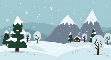 Cute Cartoon Winter Vector Scene with Snow and Trees