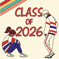 Class of 2026 graduation illustration, students, retro style