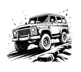 Vintage Off-Road SUV Vector, Classic 4x4 Truck Illustration for T-shirt or Adventure Logo On White Bg