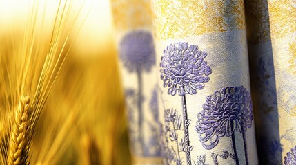 Close-up of golden wheat ear with fine bristles and ornate purple floral fabric, warm lighting, intricate details, soft bokeh background, harmonious warm tones.