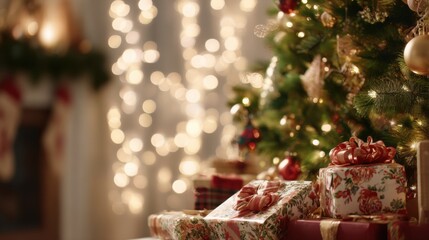 Cozy festive Christmas scene with beautifully wrapped floral-patterned gifts, red bows, lush green tree, golden baubles, warm lights, twinkling fairy lights, and inviting holiday cheer.