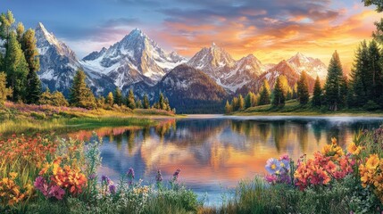 Obraz premium Majestic Mountain Range Reflecting in Tranquil Lake Waters Calmly