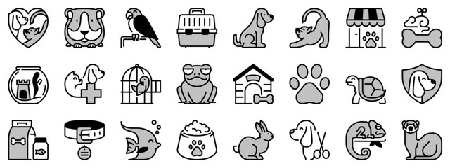 Icons in two tones about pets and vet