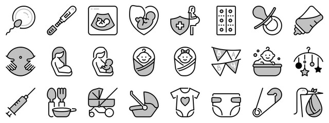 Icons in two tones about pregnancy and baby.