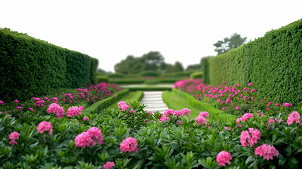 Obraz premium Pink flowers blooming garden path hedges greenery